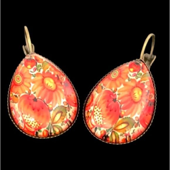 Japanese Style Red Sunflower & Strawberry Teardrop Earrings, Fruit & Flowers - Picture 1 of 11
